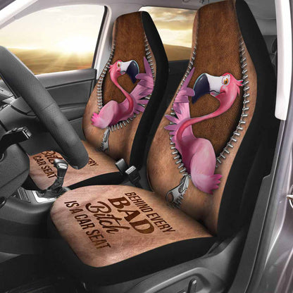 Flamingo Covers Front Seat Car With Leather Pattern, Behind Every Bad, Funny Car Seat Cover For Him Her SO0312