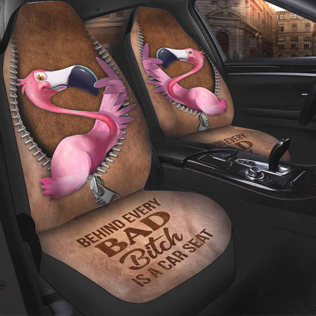 Flamingo Covers Front Seat Car With Leather Pattern, Behind Every Bad, Funny Car Seat Cover For Him Her SO0312