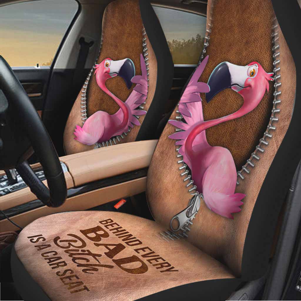 Flamingo Covers Front Seat Car With Leather Pattern, Behind Every Bad, Funny Car Seat Cover For Him Her SO0312