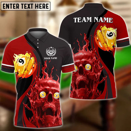 9 Ball Billiards Skull Fire Multi Color Personalized Name Polo Shirt, Gift for Billiard Player SO0956