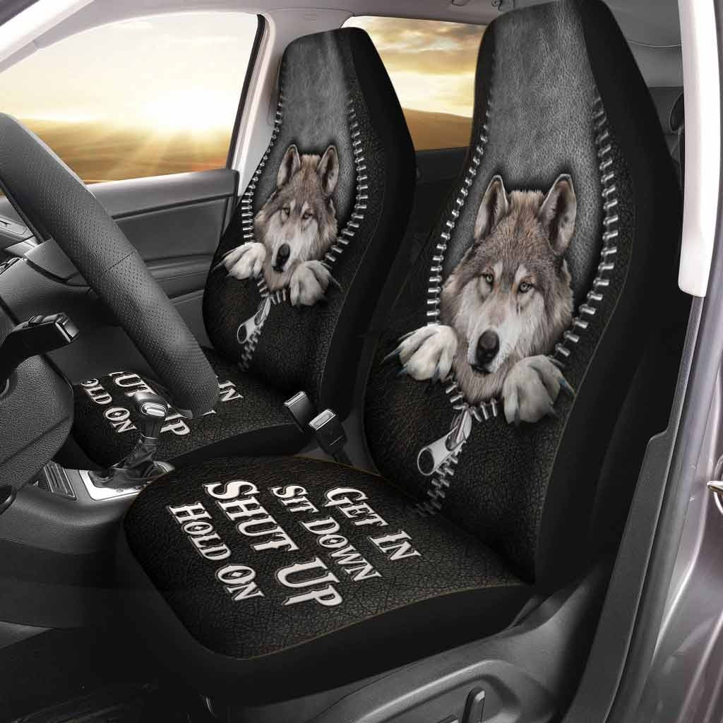 Get In Sit Down Shut Up Hold On, Wolf Car Seat Covers With Leather Pattern Print SO0135