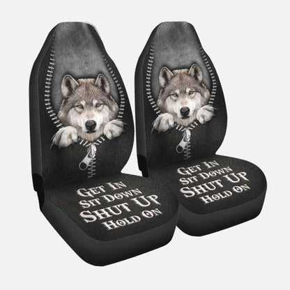 Get In Sit Down Shut Up Hold On, Wolf Car Seat Covers With Leather Pattern Print SO0135