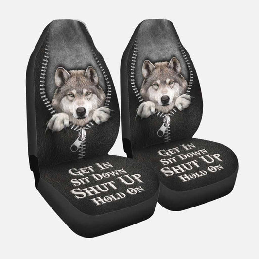 Get In Sit Down Shut Up Hold On, Wolf Car Seat Covers With Leather Pattern Print SO0135