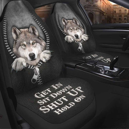 Get In Sit Down Shut Up Hold On, Wolf Car Seat Covers With Leather Pattern Print SO0135