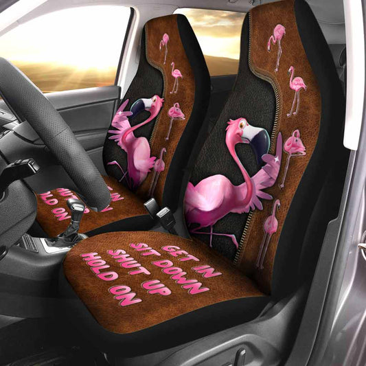 Front Car Seat Protector, Get In Sit Down Shut Up Hold On, Flamingo Seat Covers With Leather Pattern SO0307