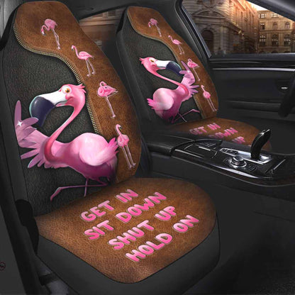 Front Car Seat Protector, Get In Sit Down Shut Up Hold On, Flamingo Seat Covers With Leather Pattern SO0307