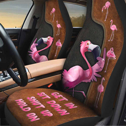 Front Car Seat Protector, Get In Sit Down Shut Up Hold On, Flamingo Seat Covers With Leather Pattern SO0307