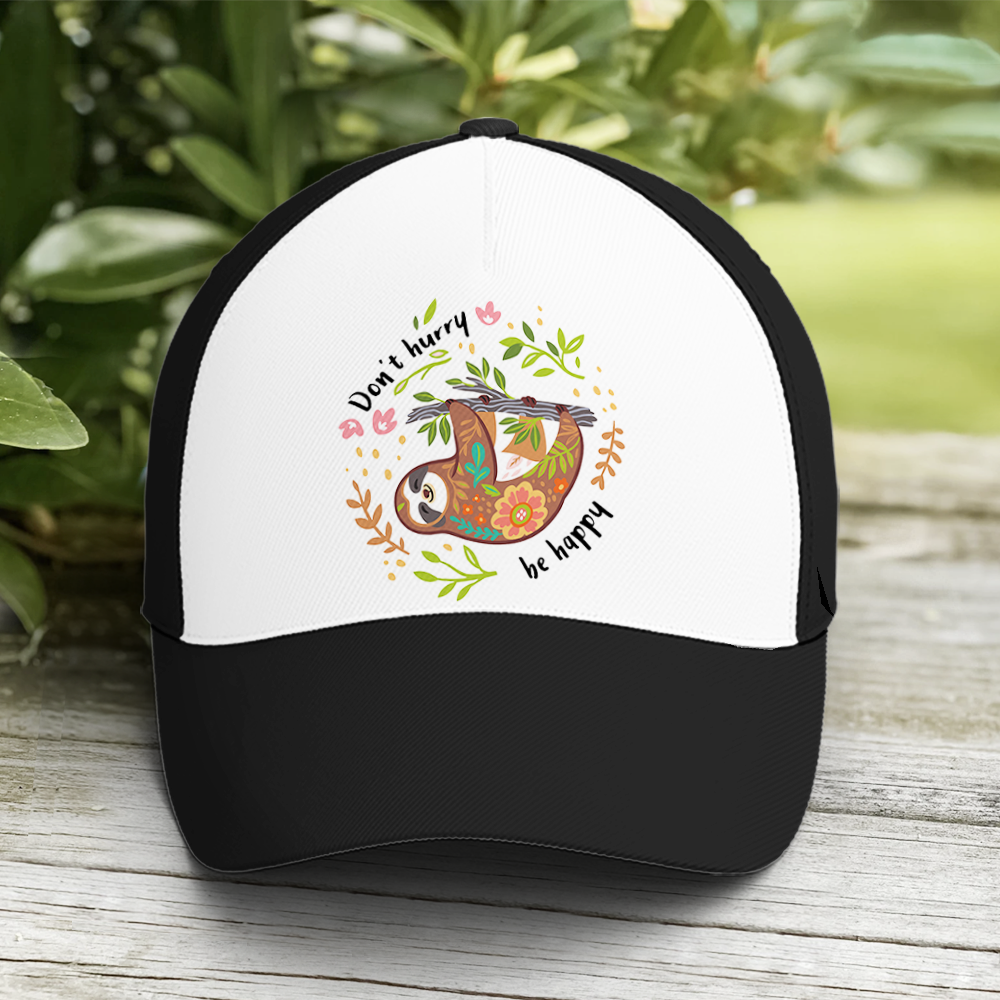 Don't Hurry Be Happy Floral Sloth Baseball Cap Lasfour CO0978