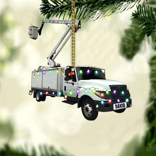 Personalized Name Lineman Bucket Truck Merry Christmas Shaped Ornament, Gift for Lineman OO1725