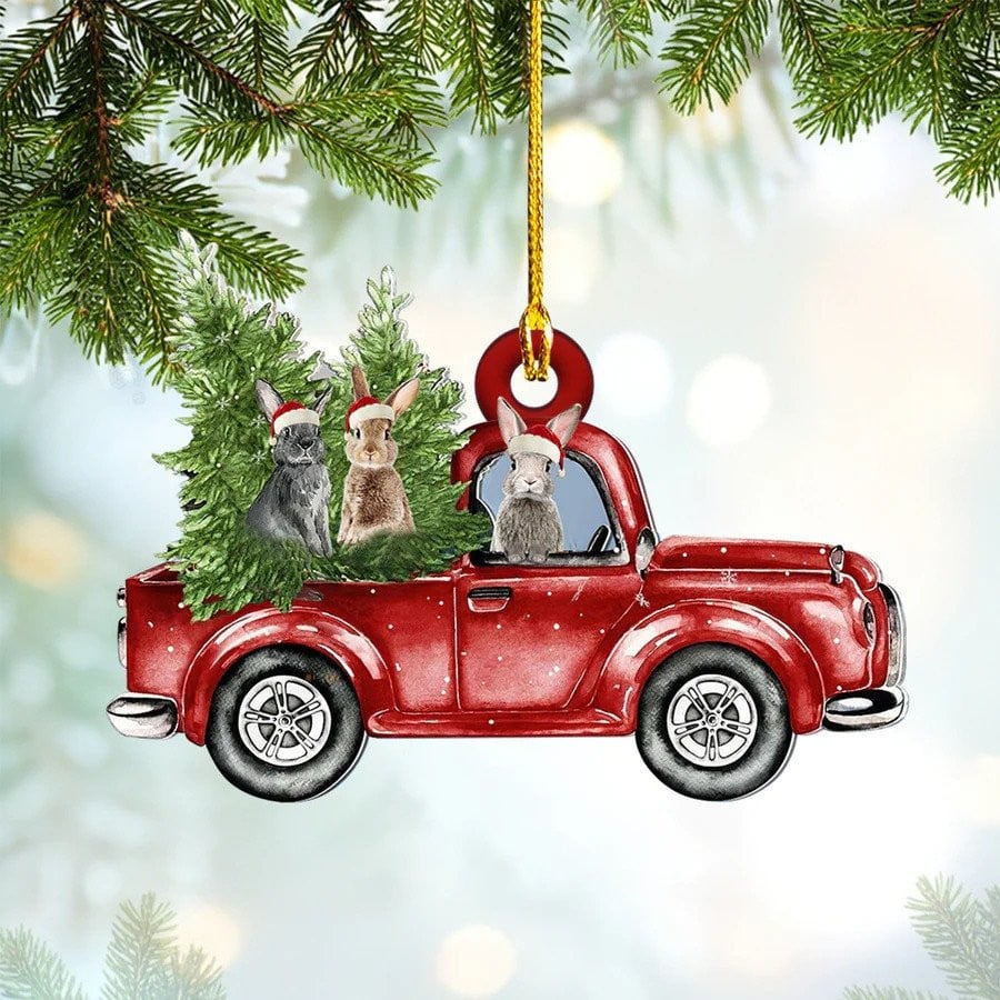 Rabbit with Red Truck Christmas Ornament Custom Shaped Acrylic Ornament for Rabbit Lovers, 2D Flat Ornament OO1689