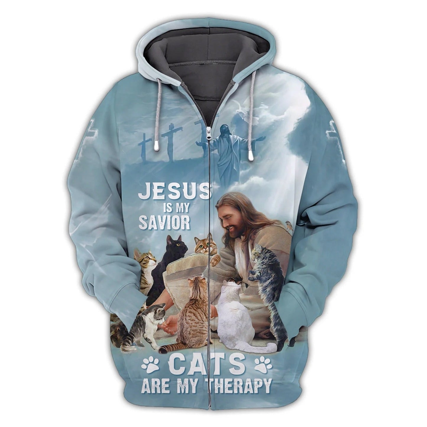 3D All Over Print Cat And Jesus Hoodie, Jesus Is My Savior, Cats are My Therapy Sweatshirt, Cat Tee Shirt TO2794