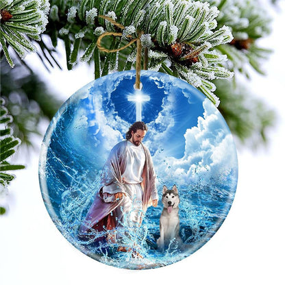 Husky And God Walking On The Ocean Wave Ceramic Ornament SO1128