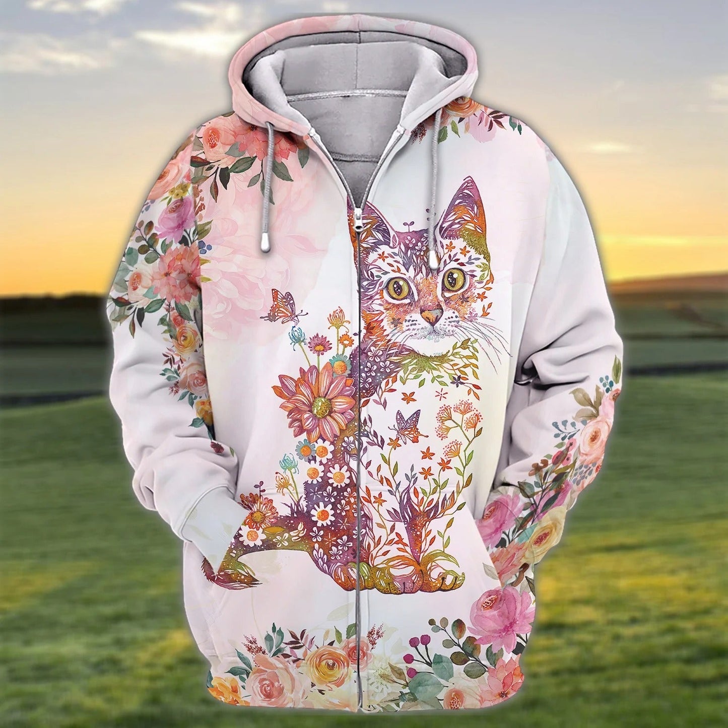 3D All Over Print Cat Hoodie With Flower Pattern, Cat Print On Shirt, Cat Lover Outfit TO2792