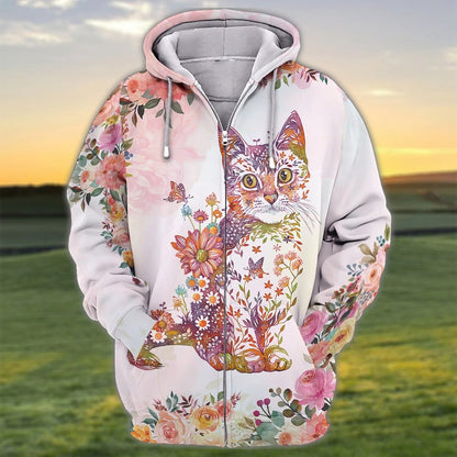 3D All Over Print Cat Hoodie With Flower Pattern, Cat Print On Shirt, Cat Lover Outfit TO2792