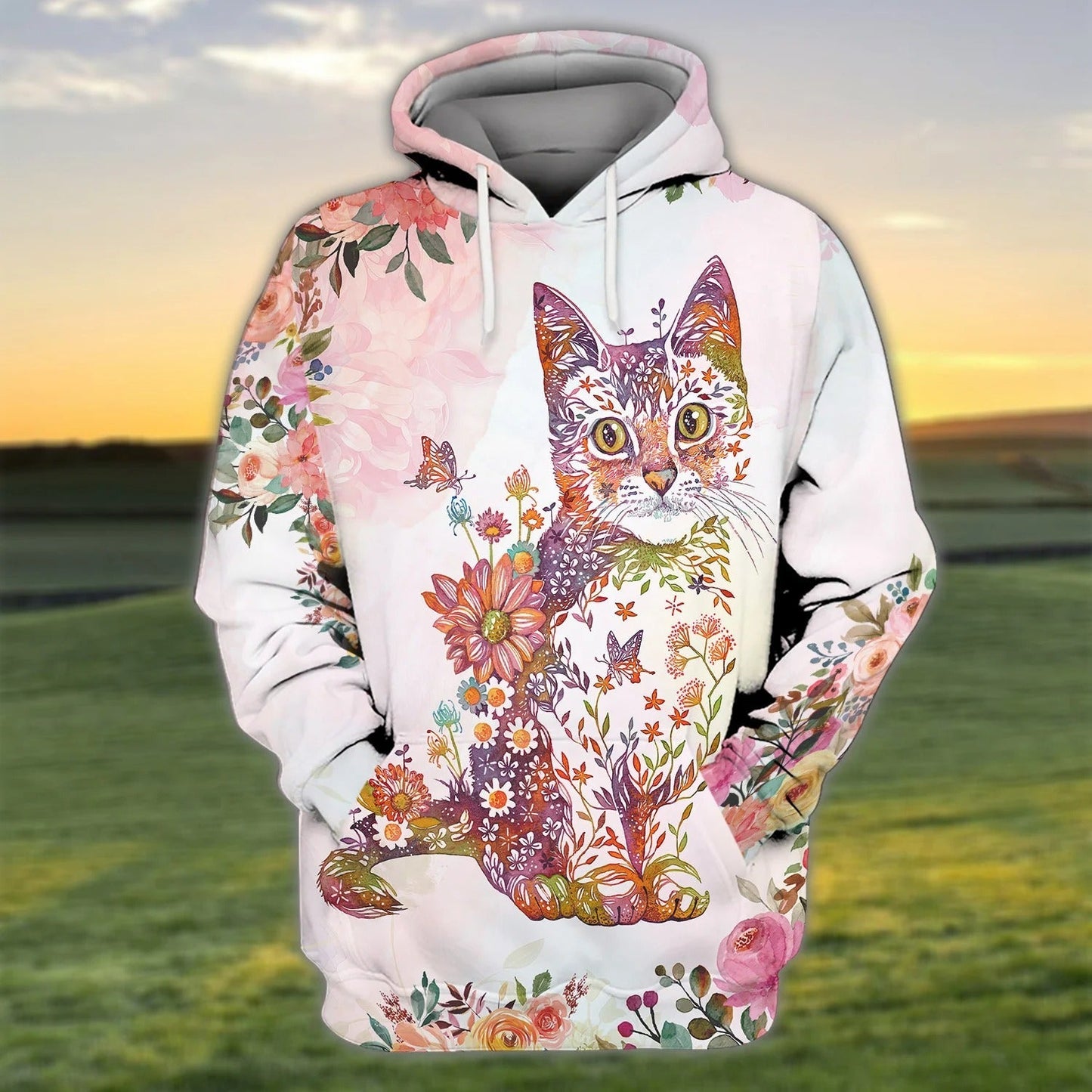 3D All Over Print Cat Hoodie With Flower Pattern, Cat Print On Shirt, Cat Lover Outfit TO2792