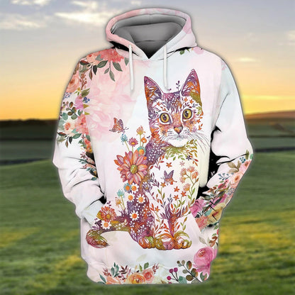 3D All Over Print Cat Hoodie With Flower Pattern, Cat Print On Shirt, Cat Lover Outfit TO2792