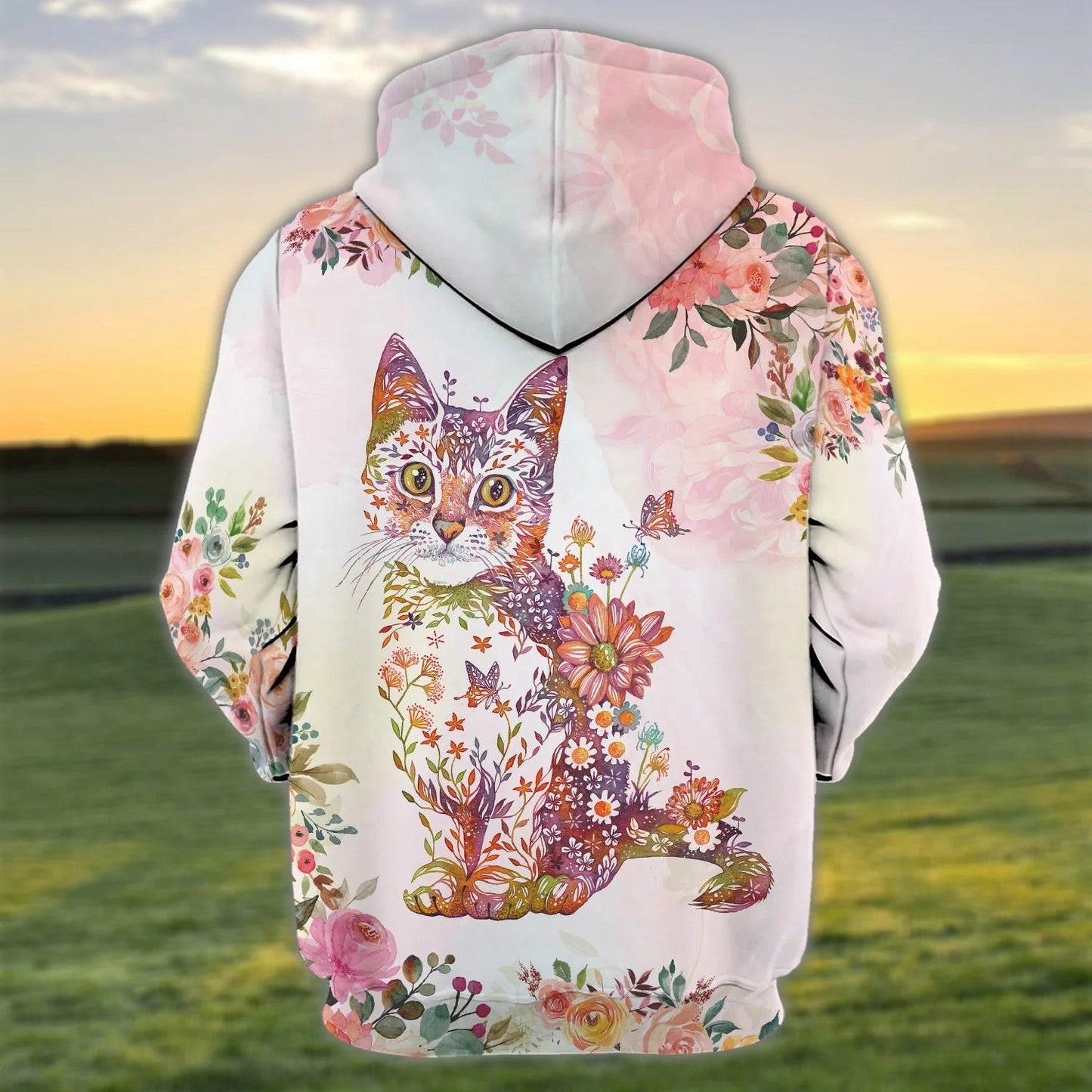 3D All Over Print Cat Hoodie With Flower Pattern, Cat Print On Shirt, Cat Lover Outfit TO2792