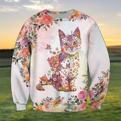 3D All Over Print Cat Hoodie With Flower Pattern, Cat Print On Shirt, Cat Lover Outfit TO2792