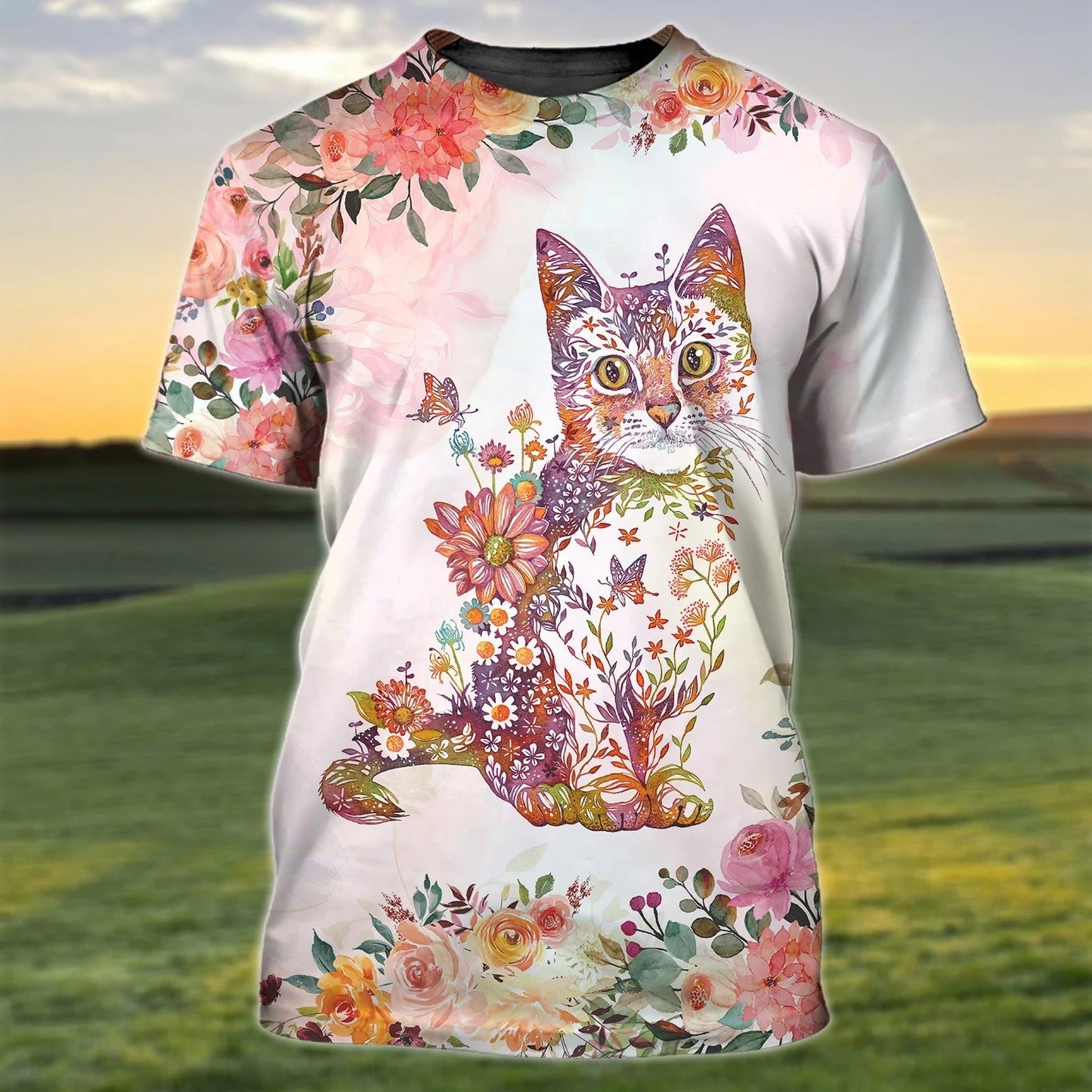 3D All Over Print Cat Hoodie With Flower Pattern, Cat Print On Shirt, Cat Lover Outfit TO2792