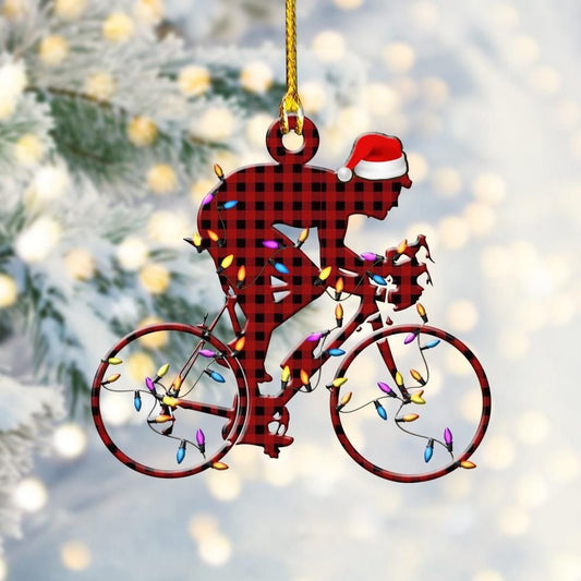 Bicycling Red Buffalo Plaid Acrylic Christmas Ornaments, 2D Flat Ornament OO1765