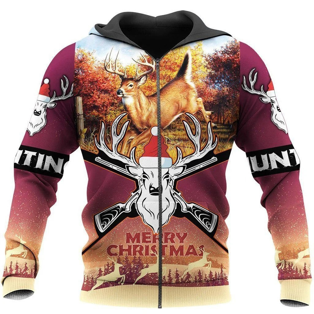 Merry Christmas Deer Hunting Hoodie 3D All Over Print Xmas Hunter Tshirt Christmas Gift For Deer Hunter TO2790