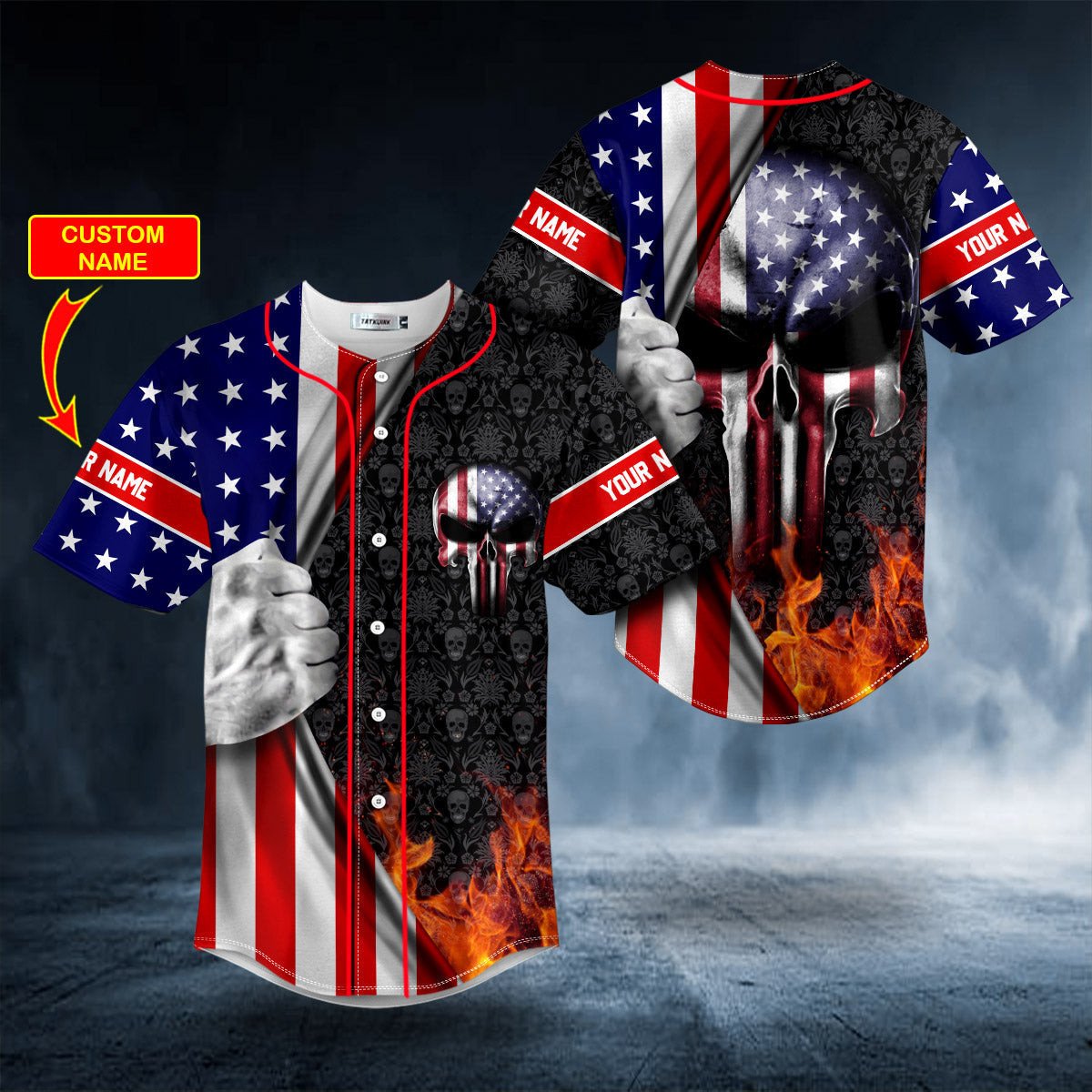 Patriotism U.S Flag Punisher Skull Custom Name Baseball Jersey SO0107