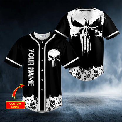 Personalized White Punisher Skull Custom Name Baseball Jersey, Skull Jersey Shirt SO0014