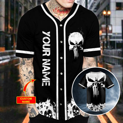 Personalized White Punisher Skull Custom Name Baseball Jersey, Skull Jersey Shirt SO0014