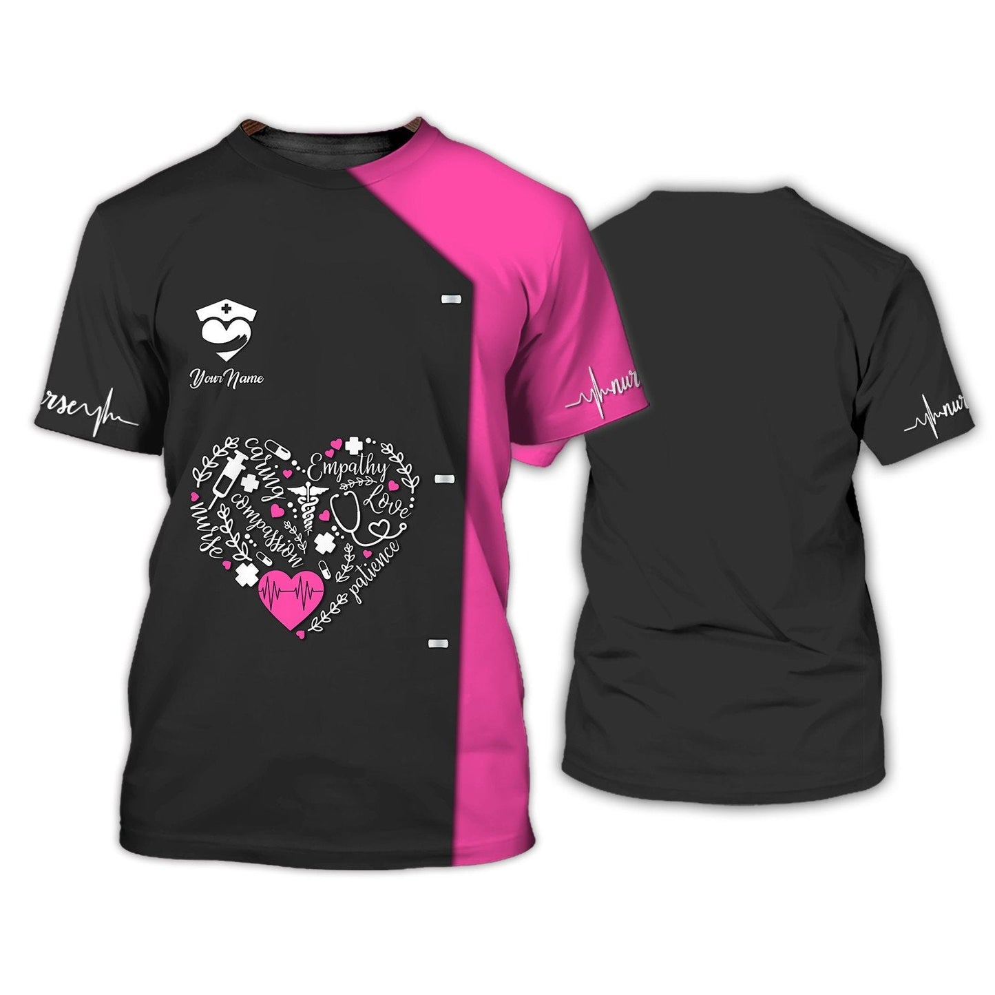 Nurse Heart 3D All Over Print Shirt Custom Medical Tee Shirt Black Pink, Nurse Uniform Shirt TO3325