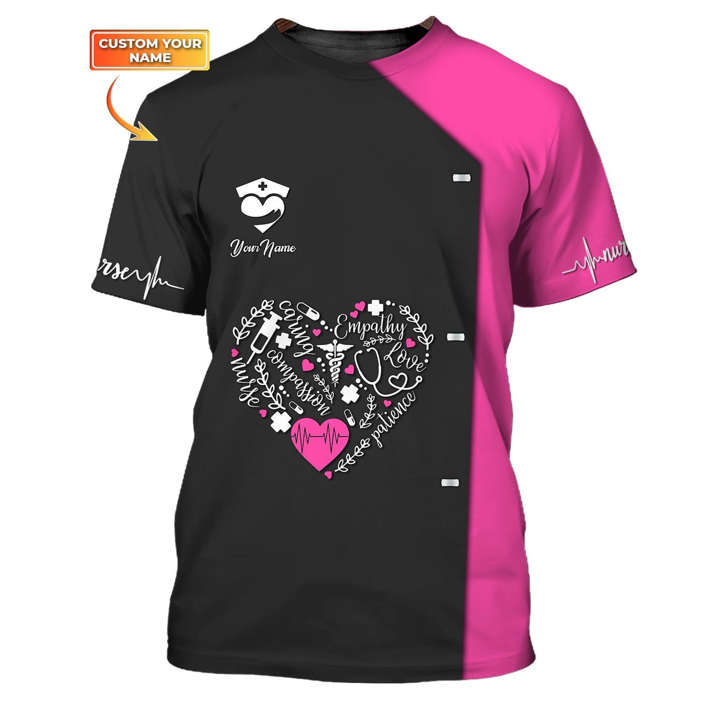 Nurse Heart 3D All Over Print Shirt Custom Medical Tee Shirt Black Pink, Nurse Uniform Shirt TO3325