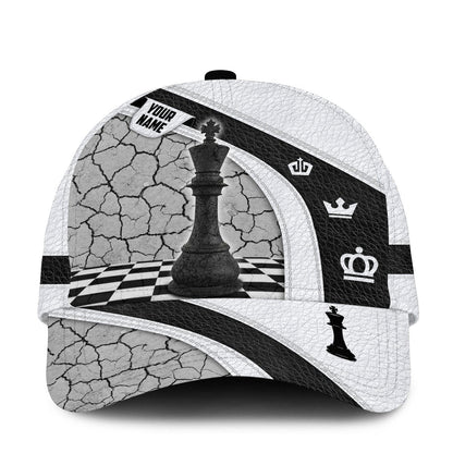 Personalized Name Leather Black and White King Chess Classic Cap, Gift for Men Love Chess CO0191