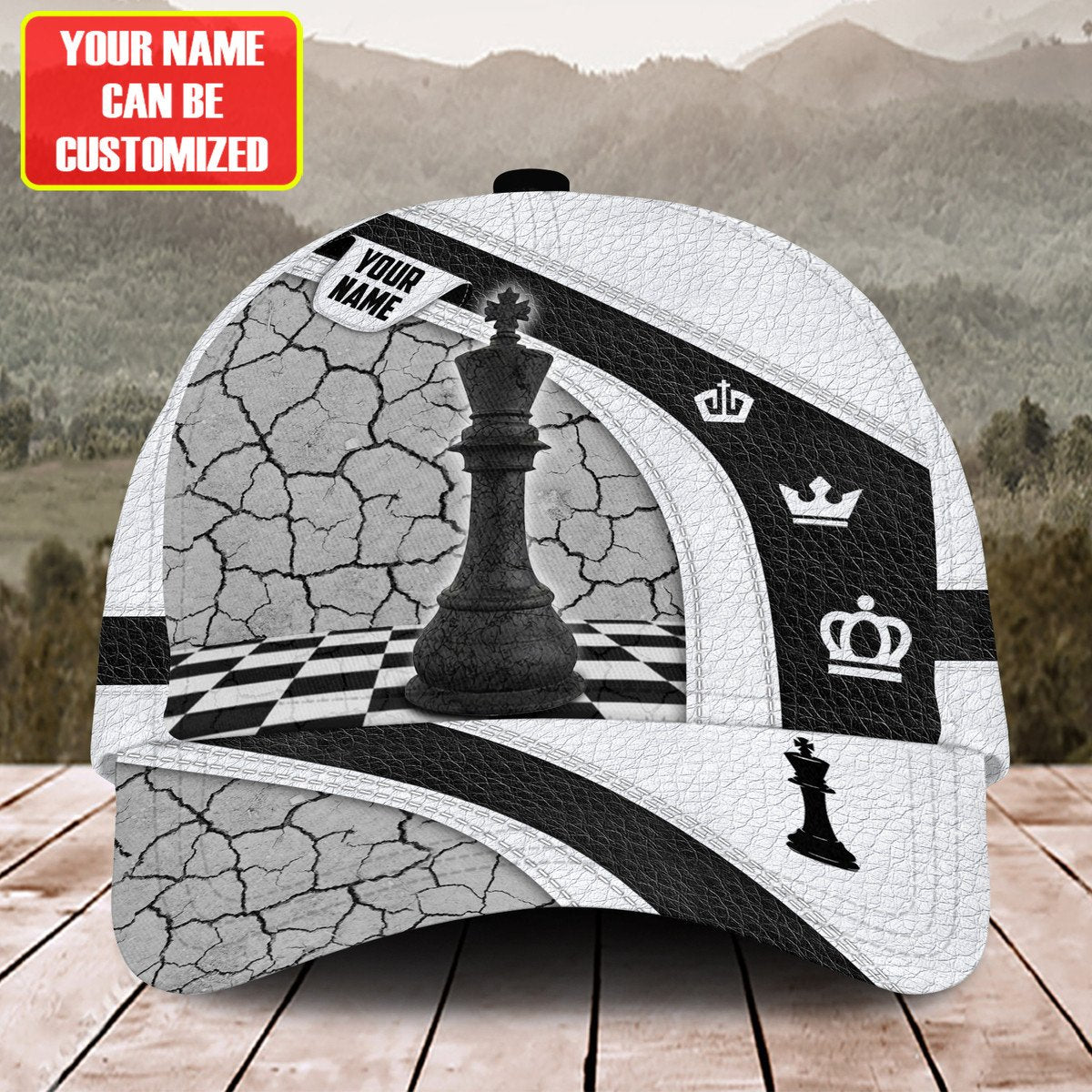 Personalized Name Leather Black and White King Chess Classic Cap, Gift for Men Love Chess CO0191