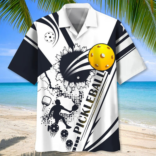 Pickleball White Black Hawaiian Shirt, Short Sleeve Summer Vacation Beach Shirts for Pickleball Lovers HO5552