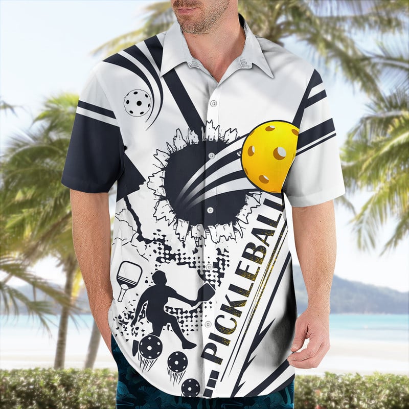 Pickleball White Black Hawaiian Shirt, Short Sleeve Summer Vacation Beach Shirts for Pickleball Lovers HO5552