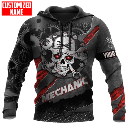 Personalized American Mechanic Skull Printed Hoodie Shirts, Custom Name Skull Mechanic Shirt SO0427