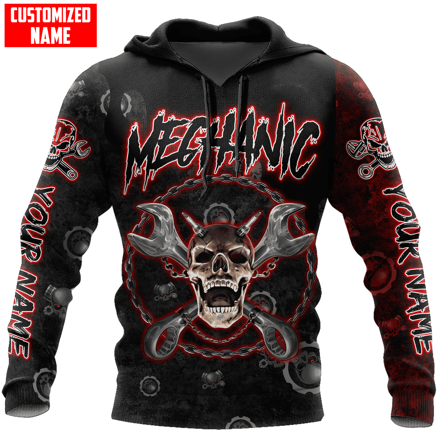 Personalized American Mechanic Skull Printed Hoodie Shirts, Custom Name Skull Mechanic Shirt SO0427