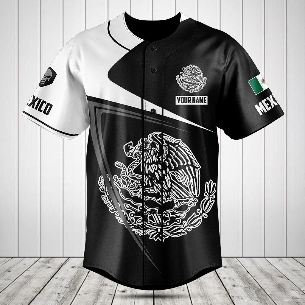 Customize Mexico Symbol Black And White Skull Baseball Jersey Shirt SO0199