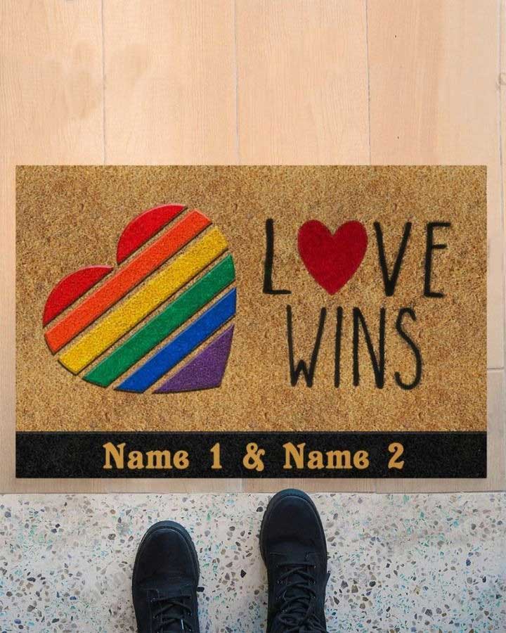 Personalized Welcome Outdoor Entrance Pride Lgbt Doormat, Rainbow Heart Pride Mat Decor, Love Win Lesbian Doormat LO1240