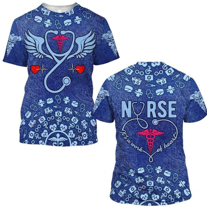 Personalized Nurse It's A Work of Heart TShirt, Earning Wing With Heart Beat Pattern, Perfect Nurse Apparel Gift Ideas TO3240