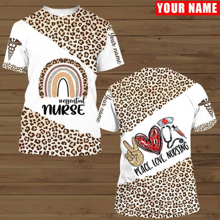 Personalized Peace Love Nursing Leopard Pattern Shirt, Essential Nurse Rain Bow Leopard TShirt TO3241