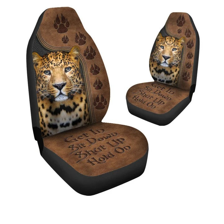 Leopard Get In Sit Down Hold on Front Car Seat Covers Universal Fit SO0149