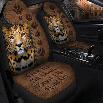 Leopard Get In Sit Down Hold on Front Car Seat Covers Universal Fit SO0149