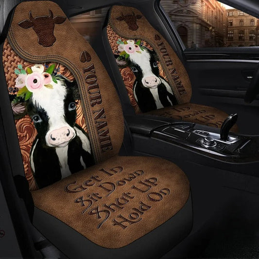 Personalized Name Cow Leather Hold on Car Seat Covers Universal Fit SO0029