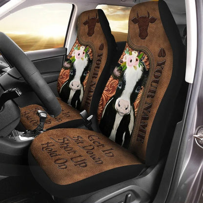 Personalized Name Cow Leather Hold on Car Seat Covers Universal Fit SO0029