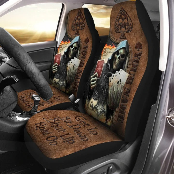 Personalized Name Skull Poker Car Seat Covers Get In Sit Down Skull Auto Seat Cover SO0034