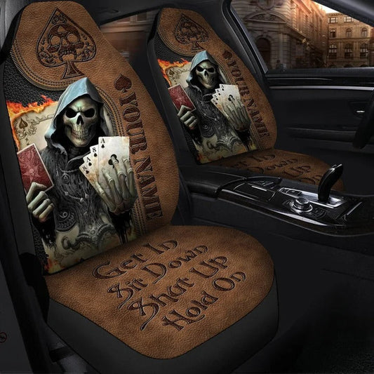 Personalized Name Skull Poker Car Seat Covers Get In Sit Down Skull Auto Seat Cover SO0034