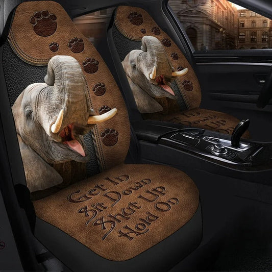 3D All Over Printed Elephant Car Seat Cover Brown Leather Pattern, Shut Up Hold On Seat Cover SO0058