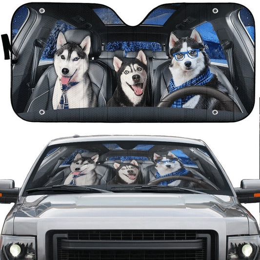 Happy Husky Family Car Sunshade, Dog Cute Car Sun Shade Cover SO0158