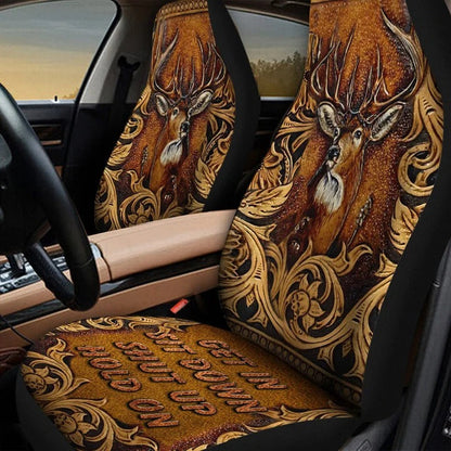 Deer Faux Tooled Leather Car Seat Cover Set, Best Seatcover For Auto SO0330