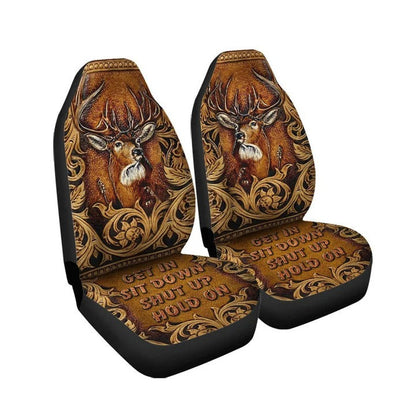 Deer Faux Tooled Leather Car Seat Cover Set, Best Seatcover For Auto SO0330